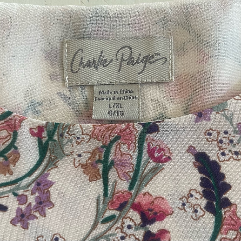 Charlie Paige Floral Lined Short Sleeve Ruffle Blouse Size Large Spring Office - Picture 4 of 6